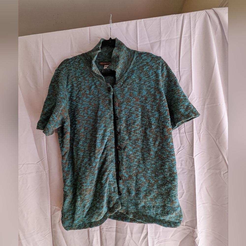 Peruvian Connection knit button up cardigan sweater blues and brown